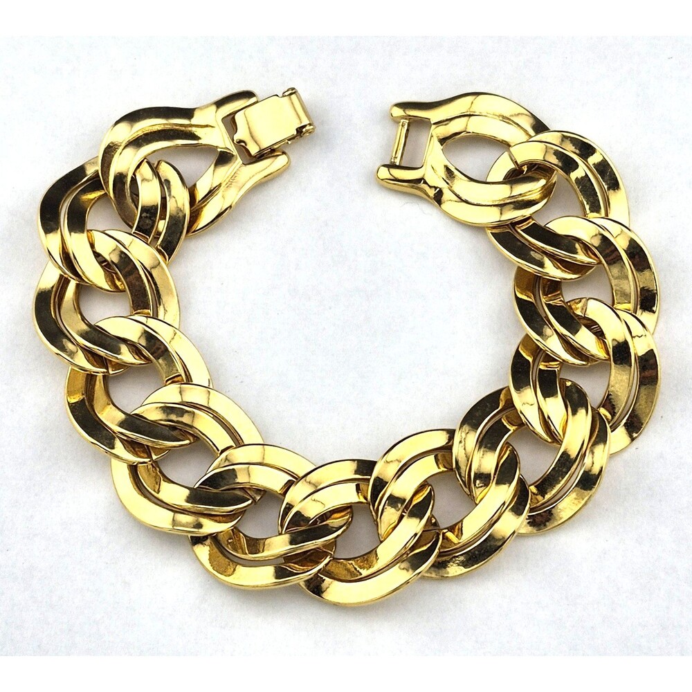Chunky Vintage Monet Double Oval Link Chain Bracelet 7" Gold Plated